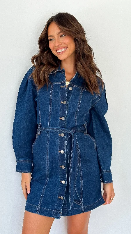 bold midi dresses for fashion -Margie Denim Mini Dress - Indigo