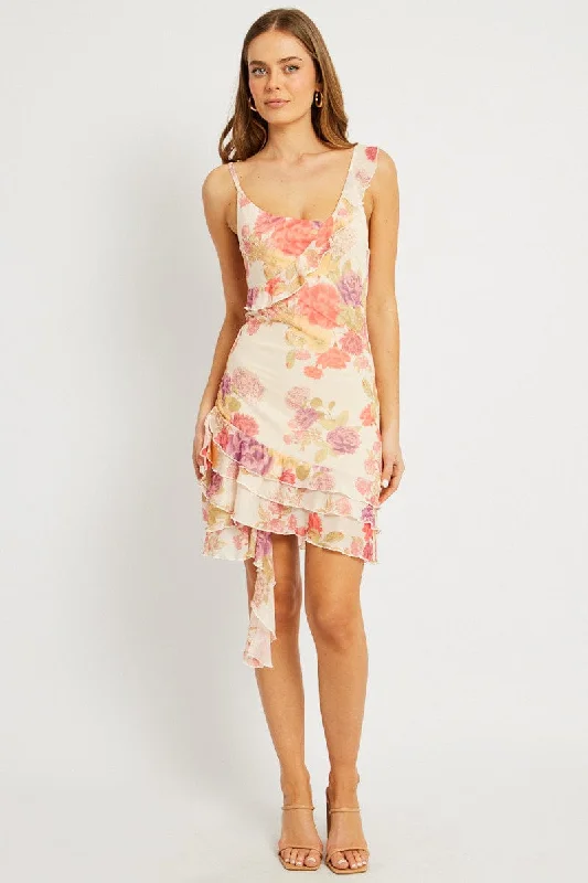 midi dresses with unique prints -Multi Floral Bodycon Dress Ruffle Hem Mini Mesh