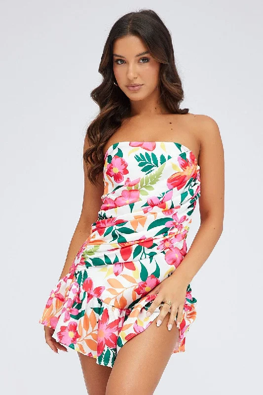 cotton midi dresses for comfort -Multi Floral Ruched Dress Strapless Bandeau Ruffle Mini