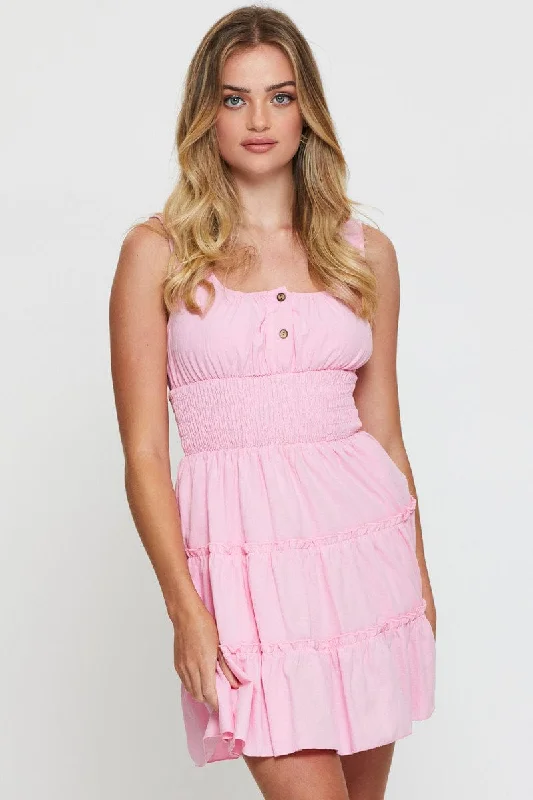 cute midi dresses for summer -Pink A Line Dress Sleeveless Mini