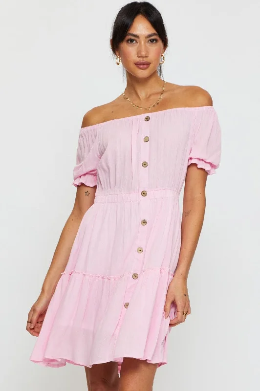 white midi dresses for vacation -Pink Mini Dress Off Shoulder Linen