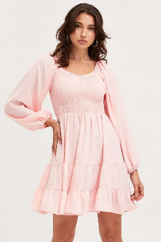 midi dresses with unique sleeves -Pink Shirred Dress Long Sleeve Mini