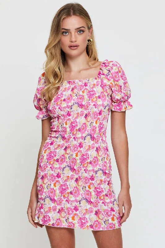 affordable midi dresses for events -Print Mini Dress Short Sleeve