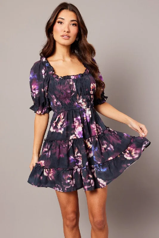 chic midi dresses for club -Purple Floral Fit And Flare Dress Puff Sleeve Mini