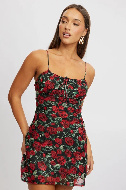 affordable midi dresses for teens -Red Floral Mini Dress Bias