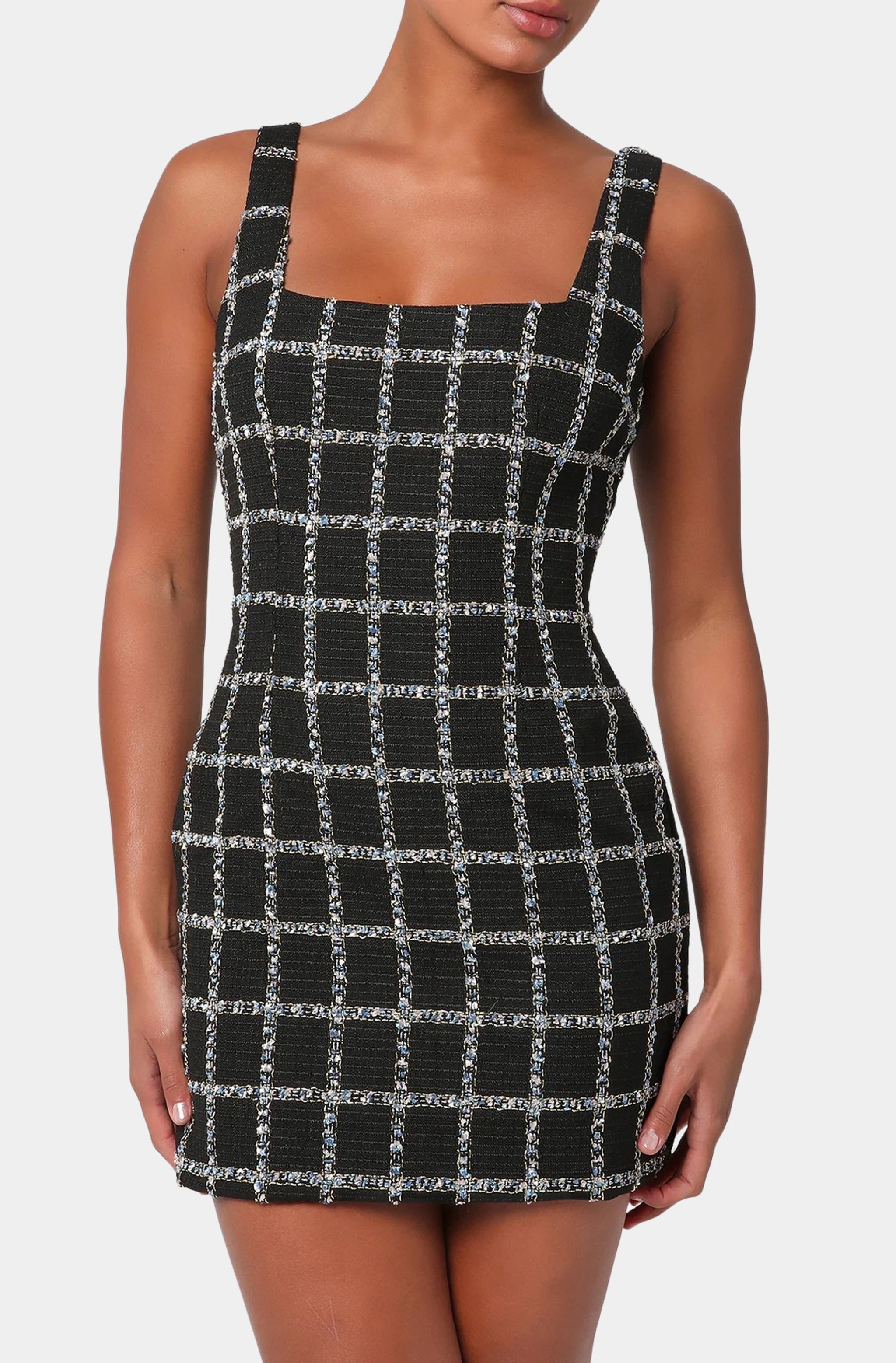 midi dresses with chic patterns -Sophisticated Appeal Black Tweed Sleeveless Mini Dress