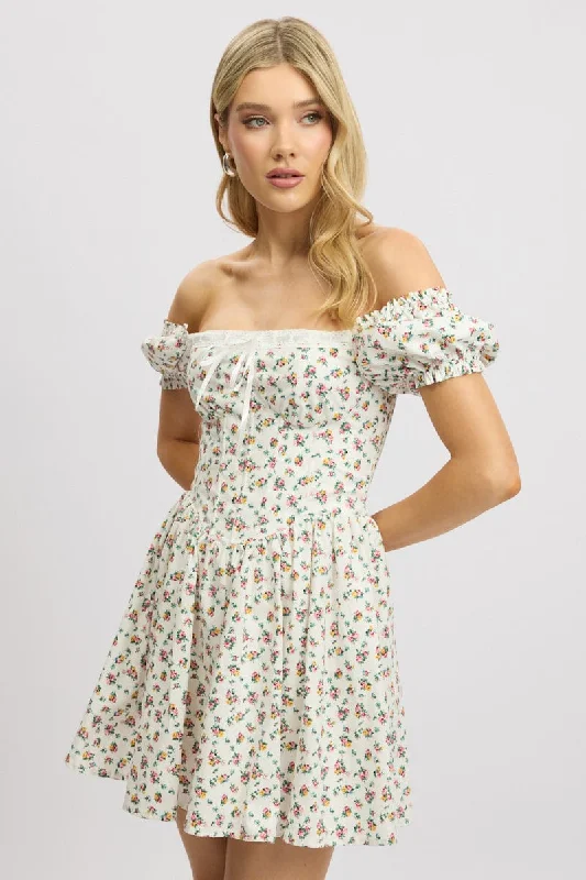 affordable midi dresses for summer -White Ditsy Fit And Flare Dress Corset Detail Mini