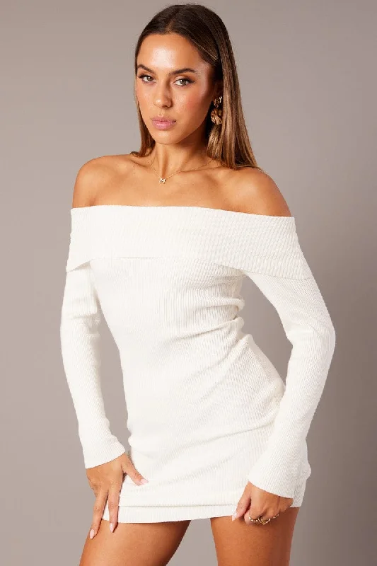 white midi dresses for women -White Knit Dress Long Sleeve Mini