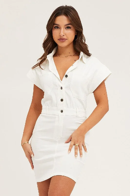 midi dresses with bold patterns -White Mini Dress Short Sleeve Evening