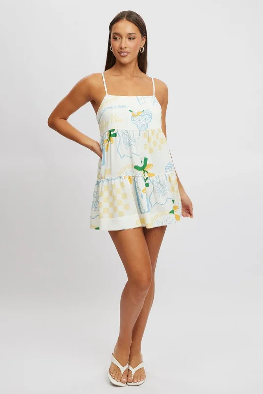 white midi dresses for summer -Yellow Abstract Swing Dress Mini