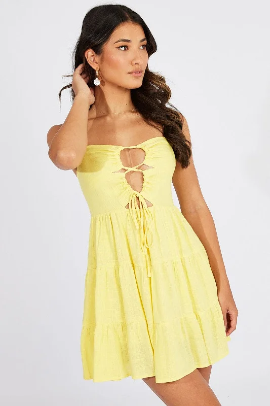 trendy midi dresses for date -Yellow Fit And Flare Dress Strappy Mini